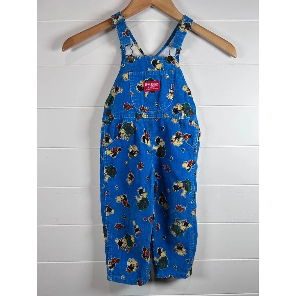 Vintage OshKosh‎ Kids Corduroy Overalls Blue Bear Tree Print Adjustable Straps